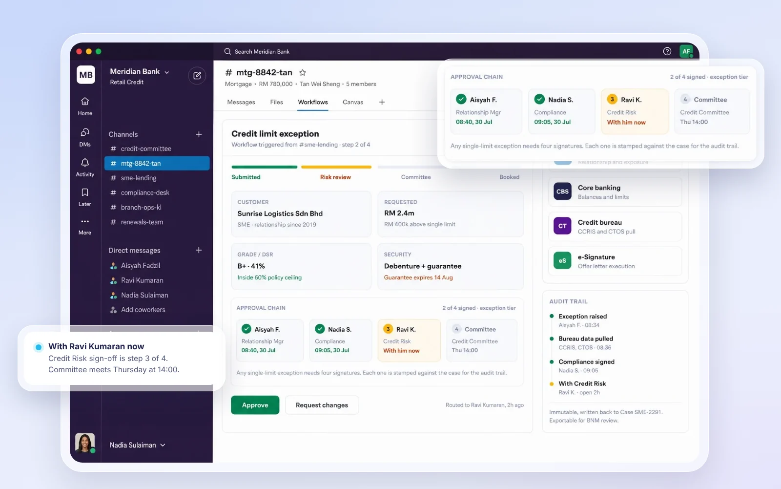 Credit limit exception workflow showing the approval chain and audit trail